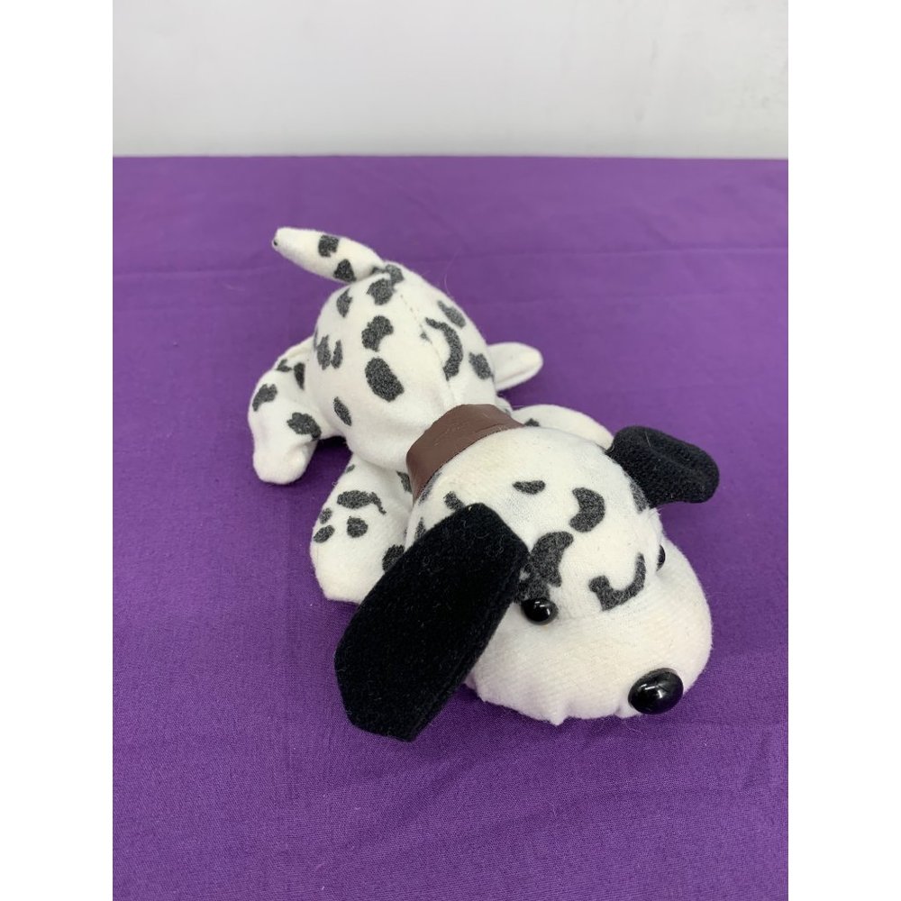 Small 6 Inch White Dog with Black Spots Brown Pleather Collar Plastic eyes Stain